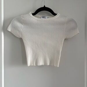 Princess Polly Cream Ribbed Short Sleeve Crop Top
